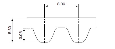 Fehr szn fekete konturvonalakkal rajzolt gumi folymteres fogasszj ahol ltszik a fogprofil s a f geometriai mretek, fehr httrrel