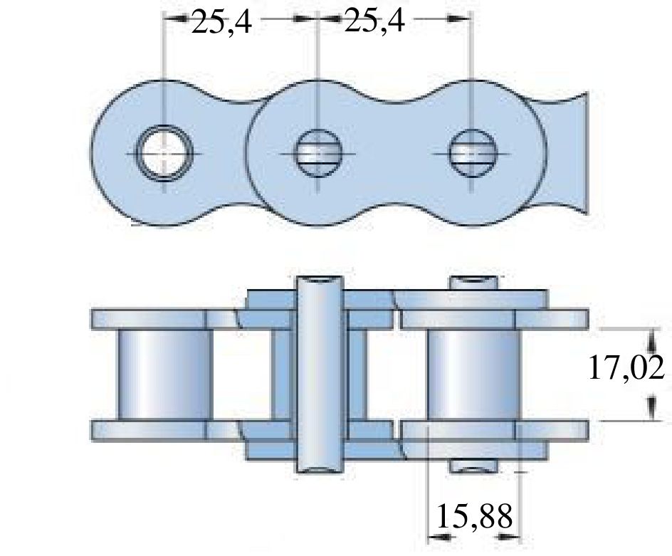 Mretezett mszaki rajz 16B tpus grgslncrl, 25,4 mm osztssal, 15,88 mm grgtmrvel s 17,02 mm bels szlessggel